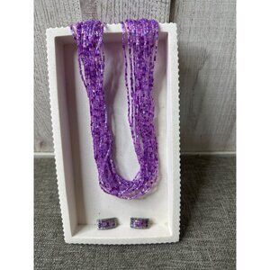 Coldwater Creek Purple Multi Strand Beaded Necklace & Clip Earrings Set